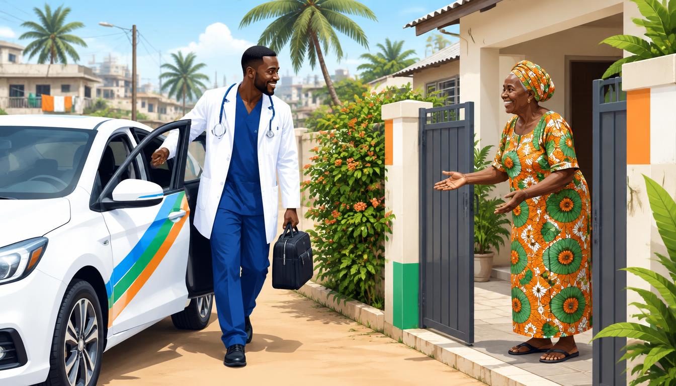 Médecin arrivant en voiture au domicile d'une patiente à Yopougon